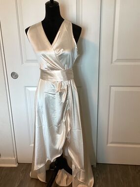 UOOZEE Satin Cream High-Low Wrap Dress with Waist Sash S NWT